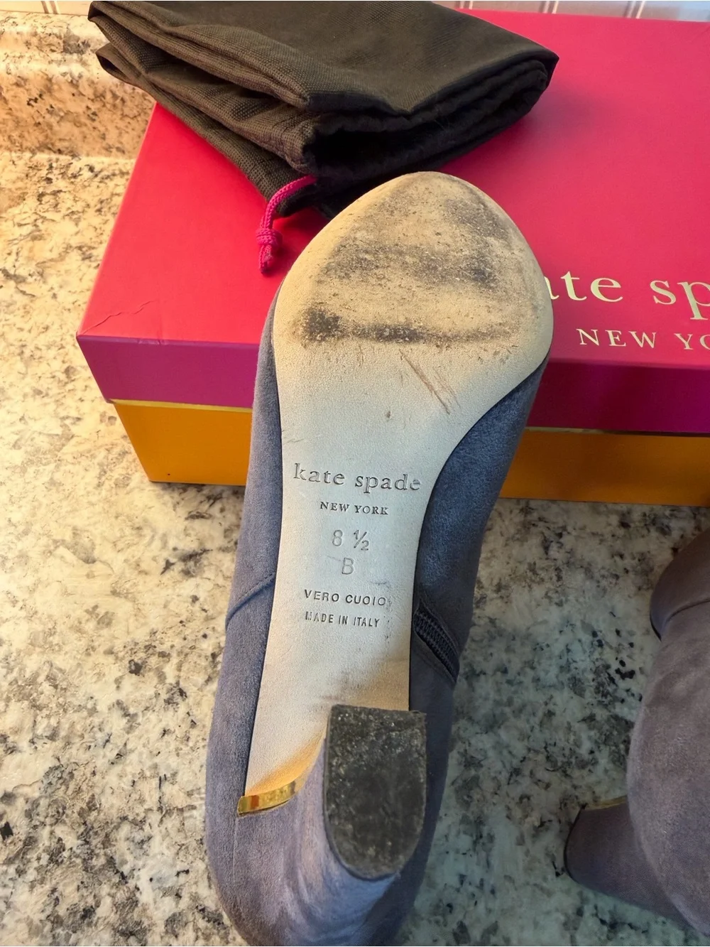 kate spade Gray Suede Pointed Toe Ankle Booties Gold Bow Accent Box Dust Bag